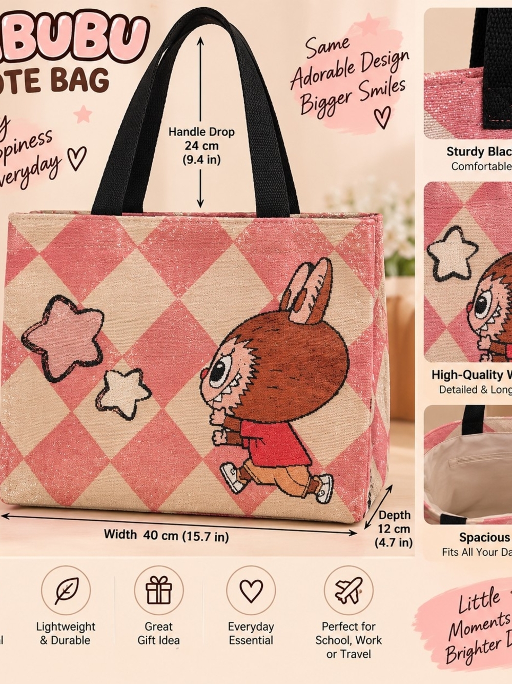 Pink Diamond Pattern Tote Bag with Character